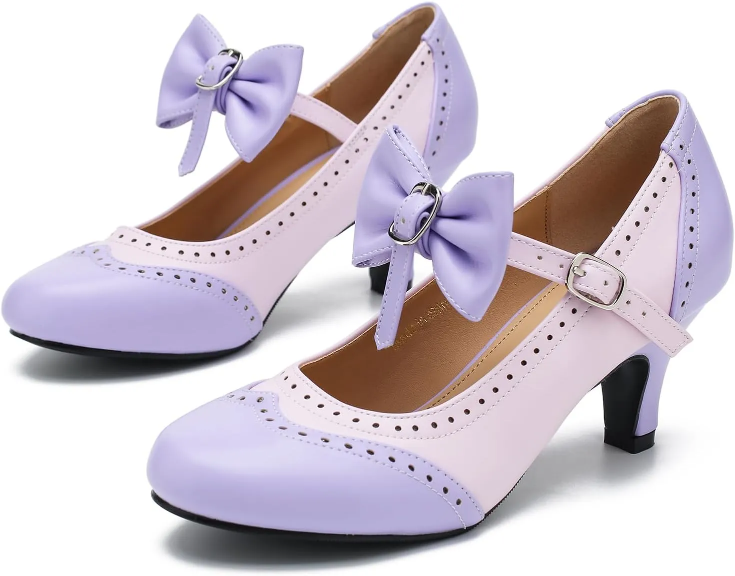 Women's Low Kitten Heels Mary Jane Pumps Comfortable Ankle Strap Bow Heels Dress Shoes Oxfords
