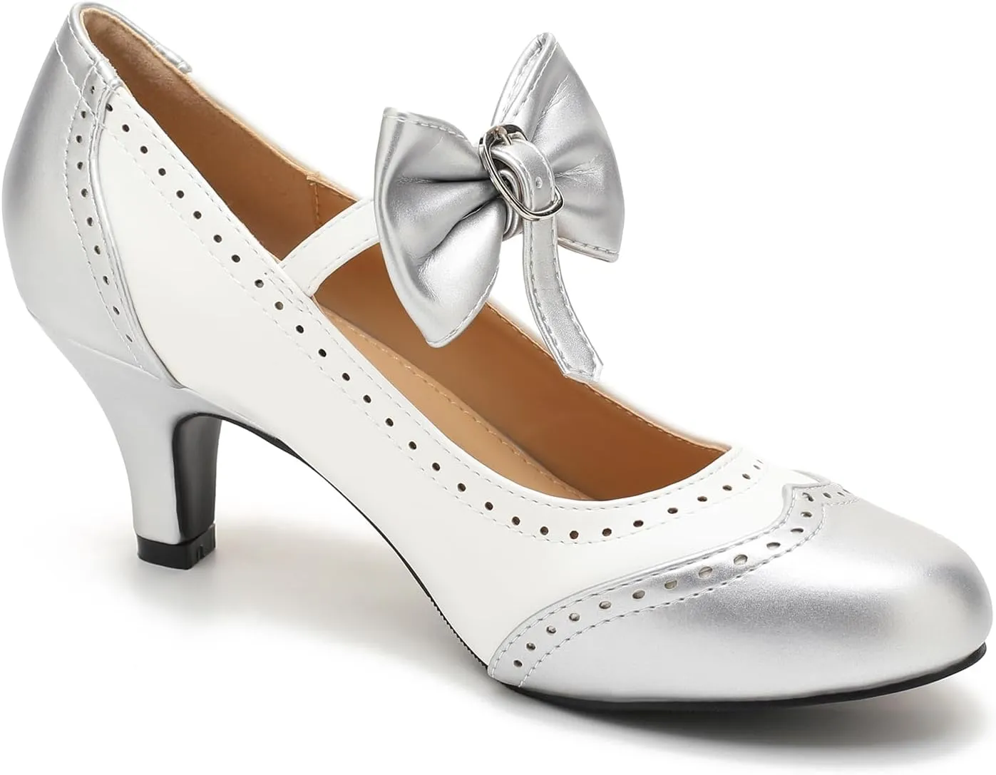 Women's Low Kitten Heels Mary Jane Pumps Comfortable Ankle Strap Bow Heels Dress Shoes Oxfords