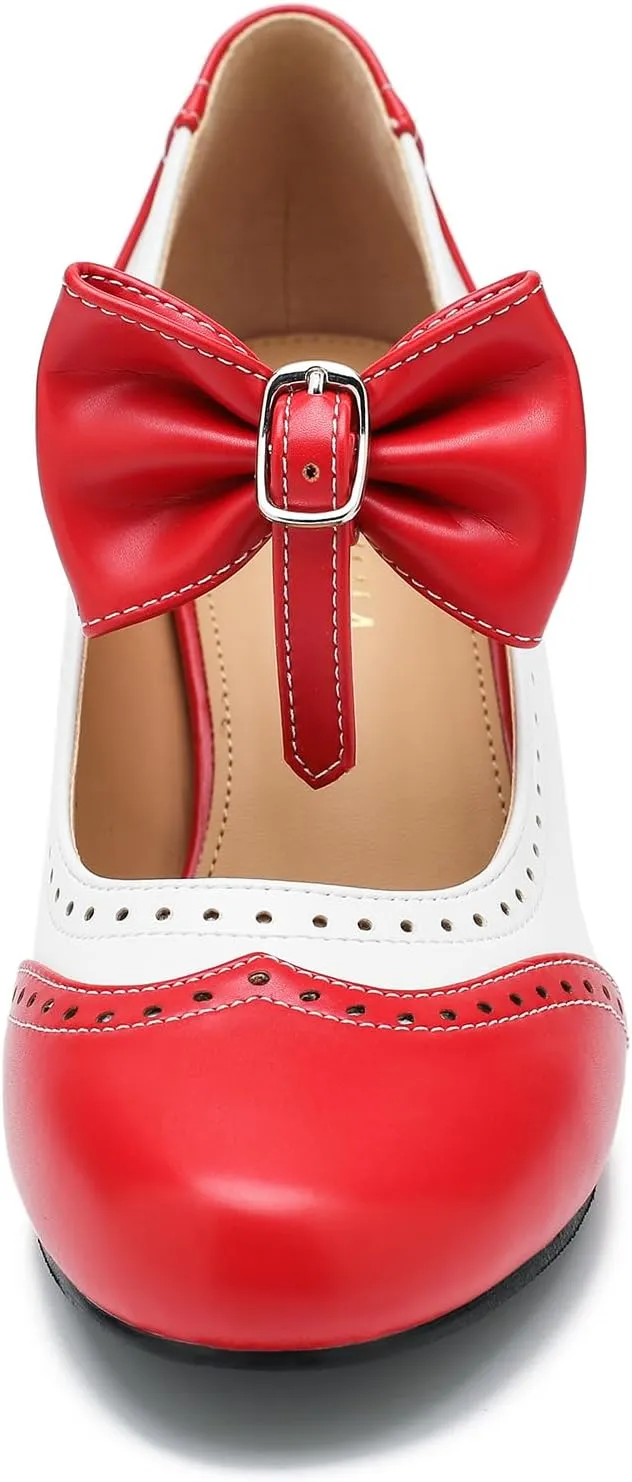 Women's Low Kitten Heels Mary Jane Pumps Comfortable Ankle Strap Bow Heels Dress Shoes Oxfords