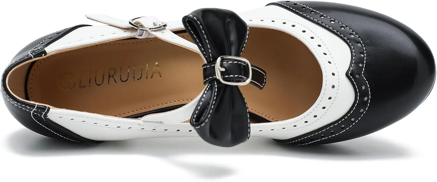 Women's Low Kitten Heels Mary Jane Pumps Comfortable Ankle Strap Bow Heels Dress Shoes Oxfords