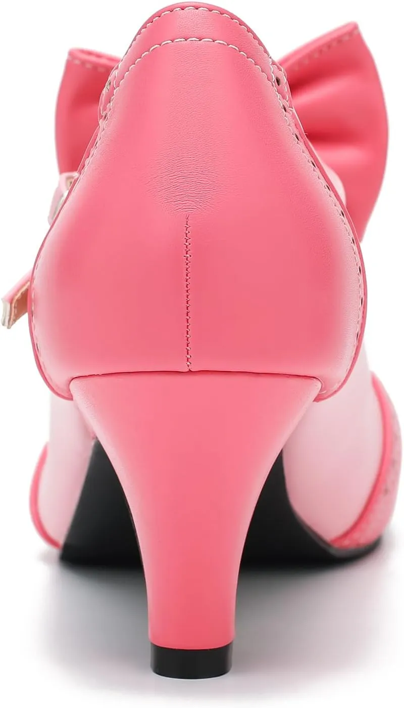 Women's Low Kitten Heels Mary Jane Pumps Comfortable Ankle Strap Bow Heels Dress Shoes Oxfords