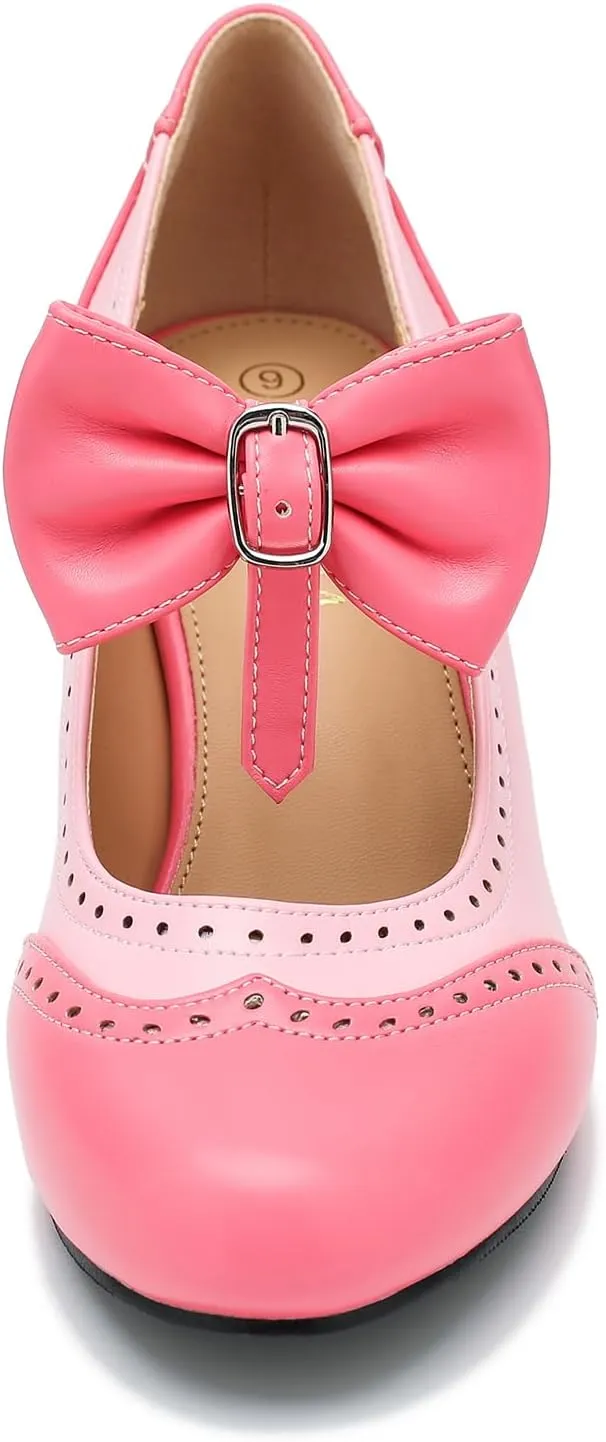 Women's Low Kitten Heels Mary Jane Pumps Comfortable Ankle Strap Bow Heels Dress Shoes Oxfords