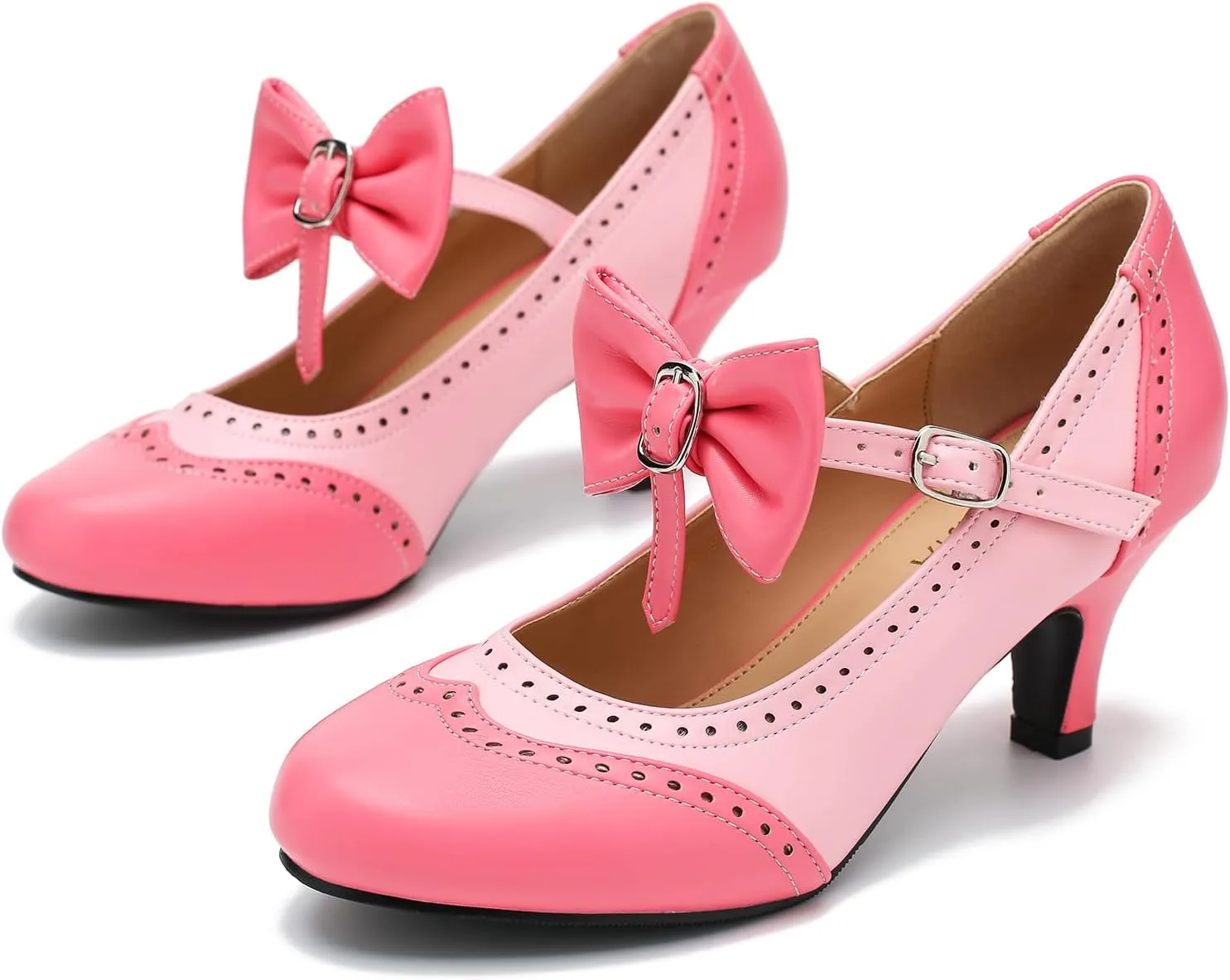 Women's Low Kitten Heels Mary Jane Pumps Comfortable Ankle Strap Bow Heels Dress Shoes Oxfords