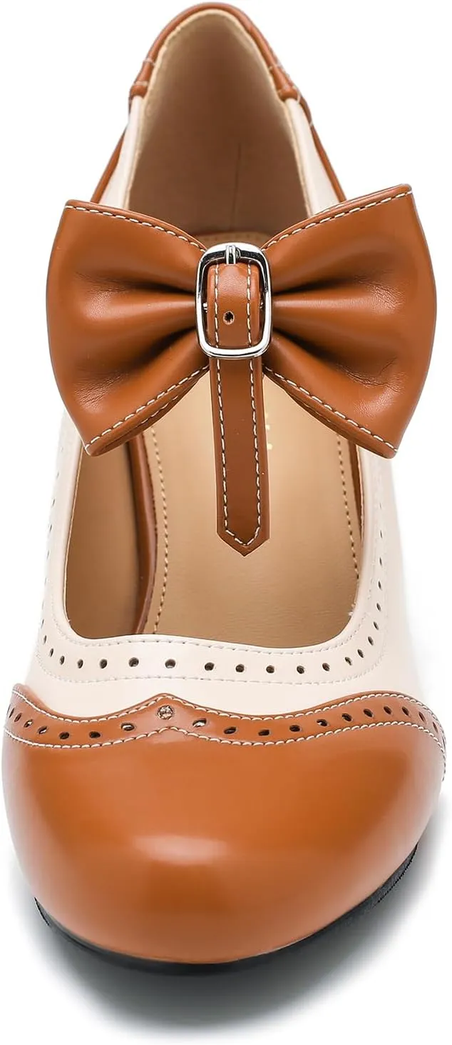 Women's Low Kitten Heels Mary Jane Pumps Comfortable Ankle Strap Bow Heels Dress Shoes Oxfords
