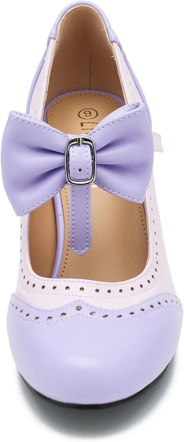 Women's Low Kitten Heels Mary Jane Pumps Comfortable Ankle Strap Bow Heels Dress Shoes Oxfords