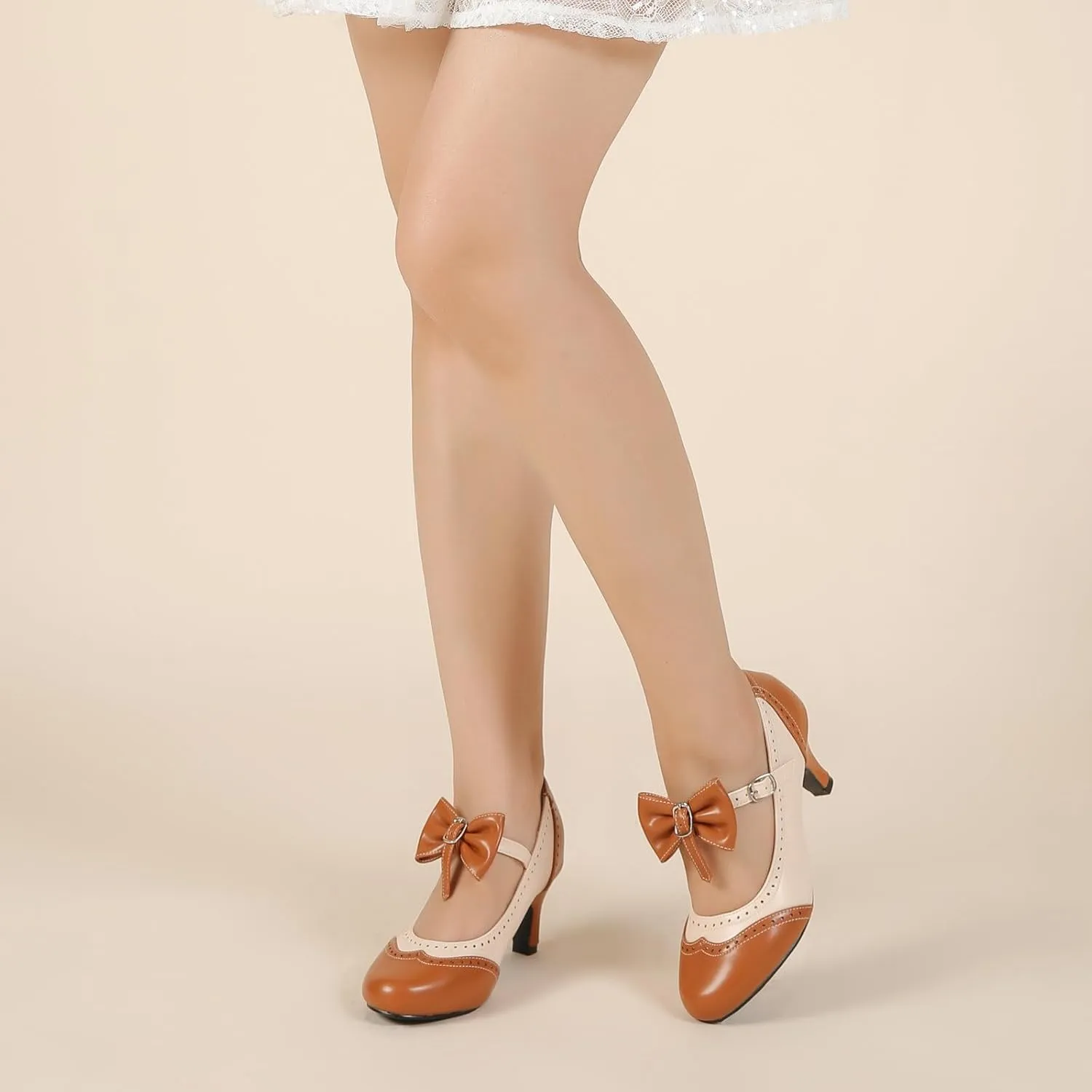Women's Low Kitten Heels Mary Jane Pumps Comfortable Ankle Strap Bow Heels Dress Shoes Oxfords