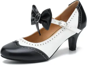Women's Low Kitten Heels Mary Jane Pumps Comfortable Ankle Strap Bow Heels Dress Shoes Oxfords