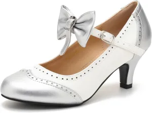 Women's Low Kitten Heels Mary Jane Pumps Comfortable Ankle Strap Bow Heels Dress Shoes Oxfords