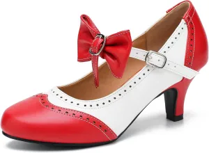 Women's Low Kitten Heels Mary Jane Pumps Comfortable Ankle Strap Bow Heels Dress Shoes Oxfords