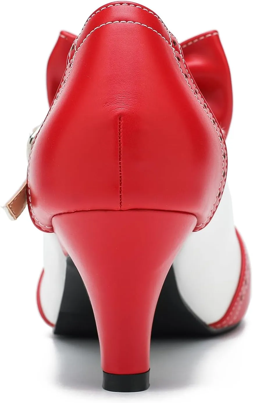 Women's Low Kitten Heels Mary Jane Pumps Comfortable Ankle Strap Bow Heels Dress Shoes Oxfords