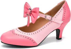 Women's Low Kitten Heels Mary Jane Pumps Comfortable Ankle Strap Bow Heels Dress Shoes Oxfords