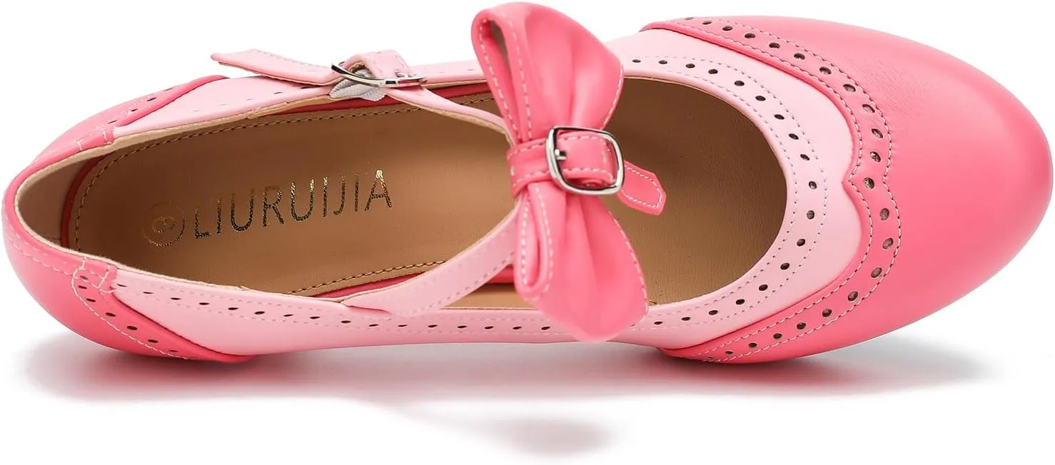 Women's Low Kitten Heels Mary Jane Pumps Comfortable Ankle Strap Bow Heels Dress Shoes Oxfords