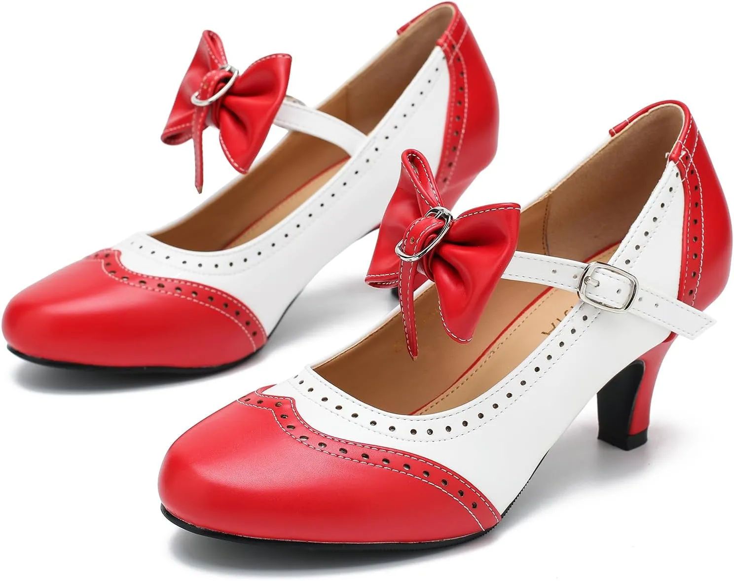 Women's Low Kitten Heels Mary Jane Pumps Comfortable Ankle Strap Bow Heels Dress Shoes Oxfords