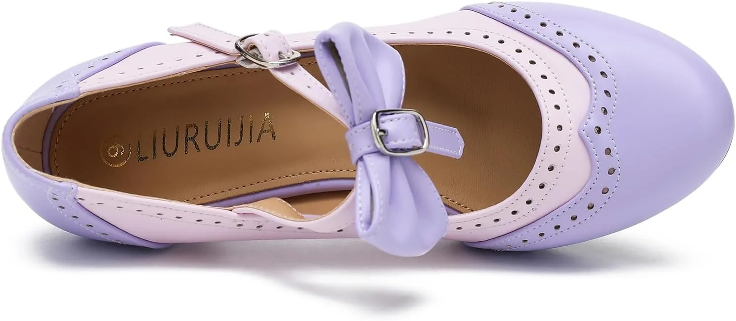 Women's Low Kitten Heels Mary Jane Pumps Comfortable Ankle Strap Bow Heels Dress Shoes Oxfords