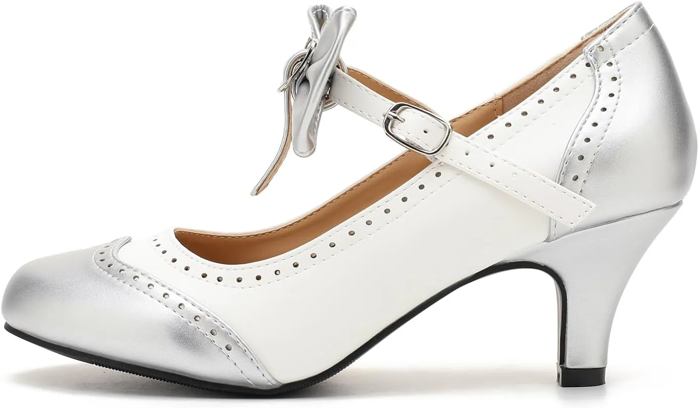 Women's Low Kitten Heels Mary Jane Pumps Comfortable Ankle Strap Bow Heels Dress Shoes Oxfords