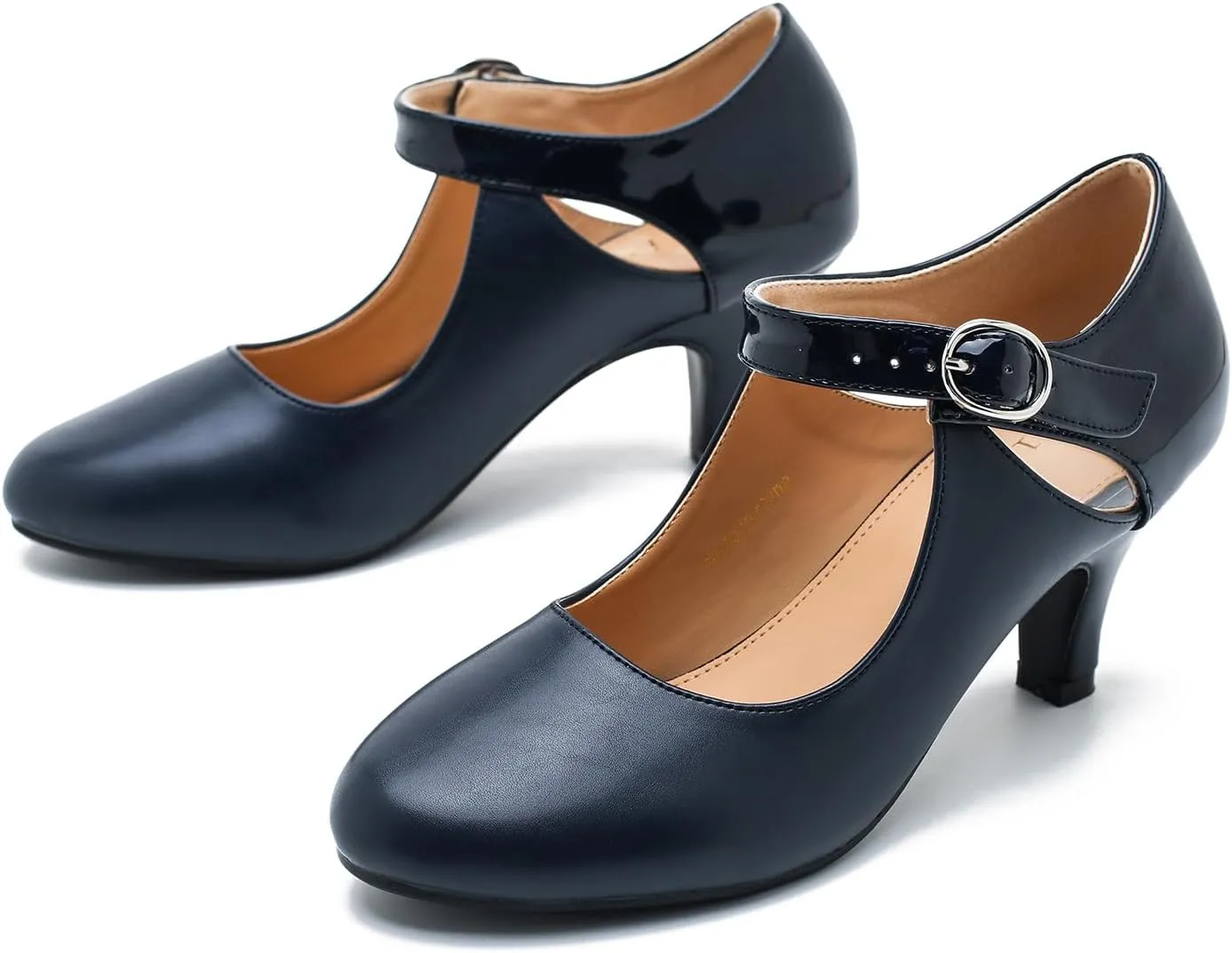 Women's Low Kitten Heels Mary Janes Pumps Cutout Round Toe Retro Vintage Hollow Out Ankle Strap Dress Shoes
