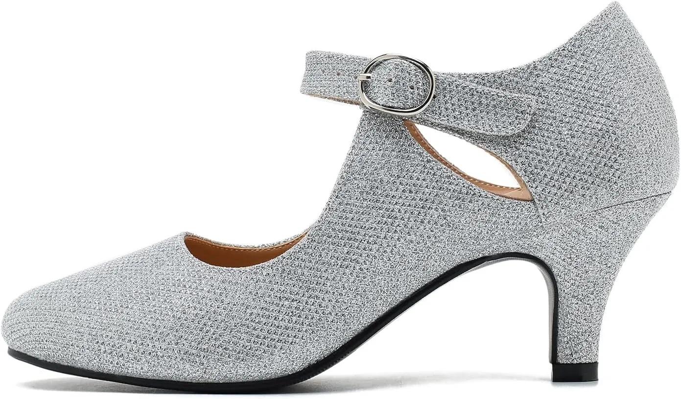 Women's Low Kitten Heels Mary Janes Pumps Cutout Round Toe Retro Vintage Hollow Out Ankle Strap Dress Shoes
