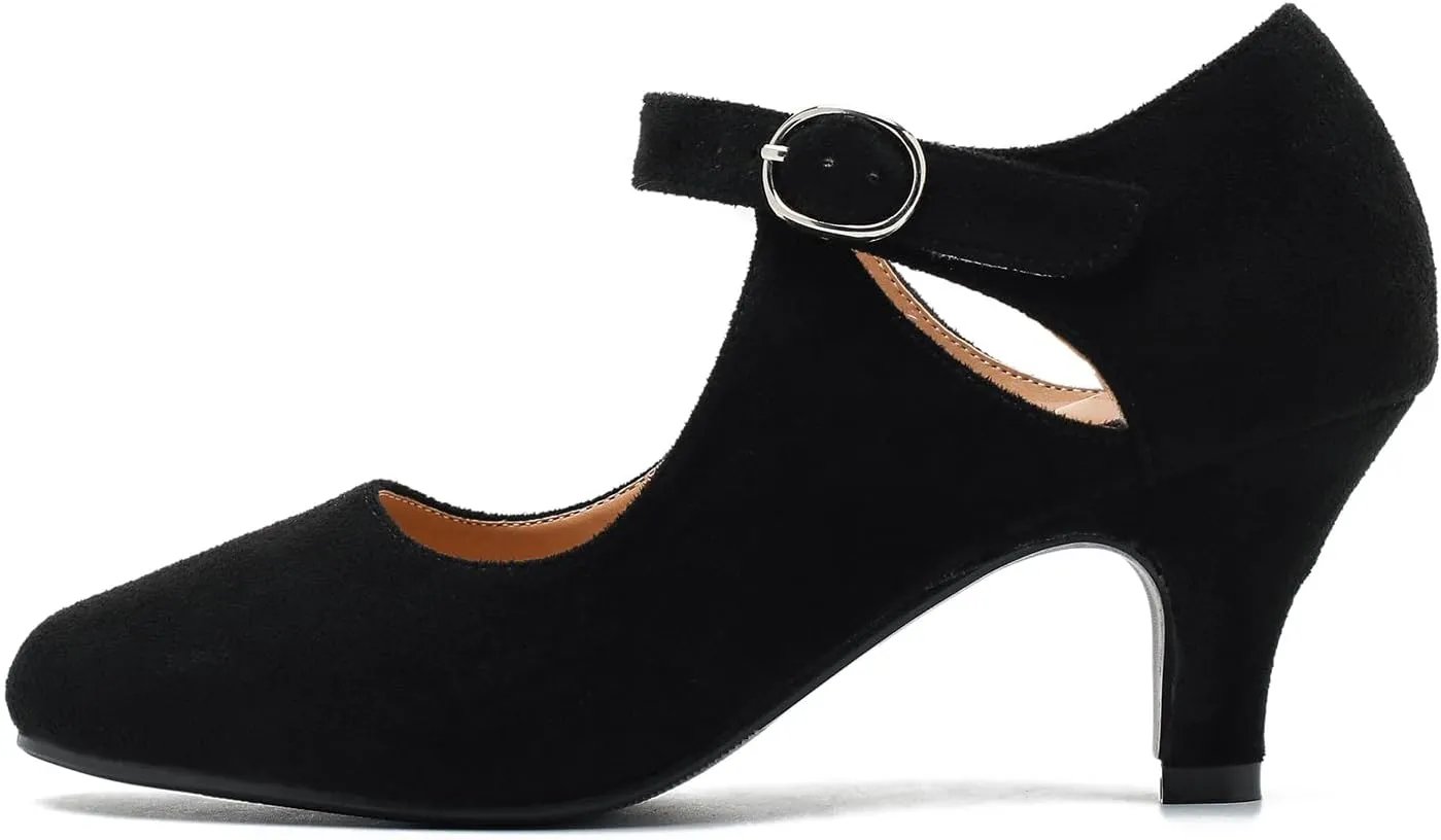 Women's Low Kitten Heels Mary Janes Pumps Cutout Round Toe Retro Vintage Hollow Out Ankle Strap Dress Shoes