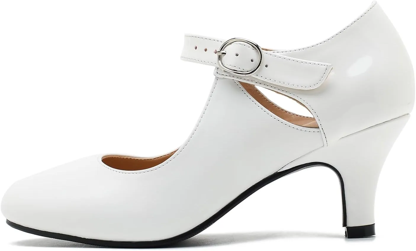 Women's Low Kitten Heels Mary Janes Pumps Cutout Round Toe Retro Vintage Hollow Out Ankle Strap Dress Shoes