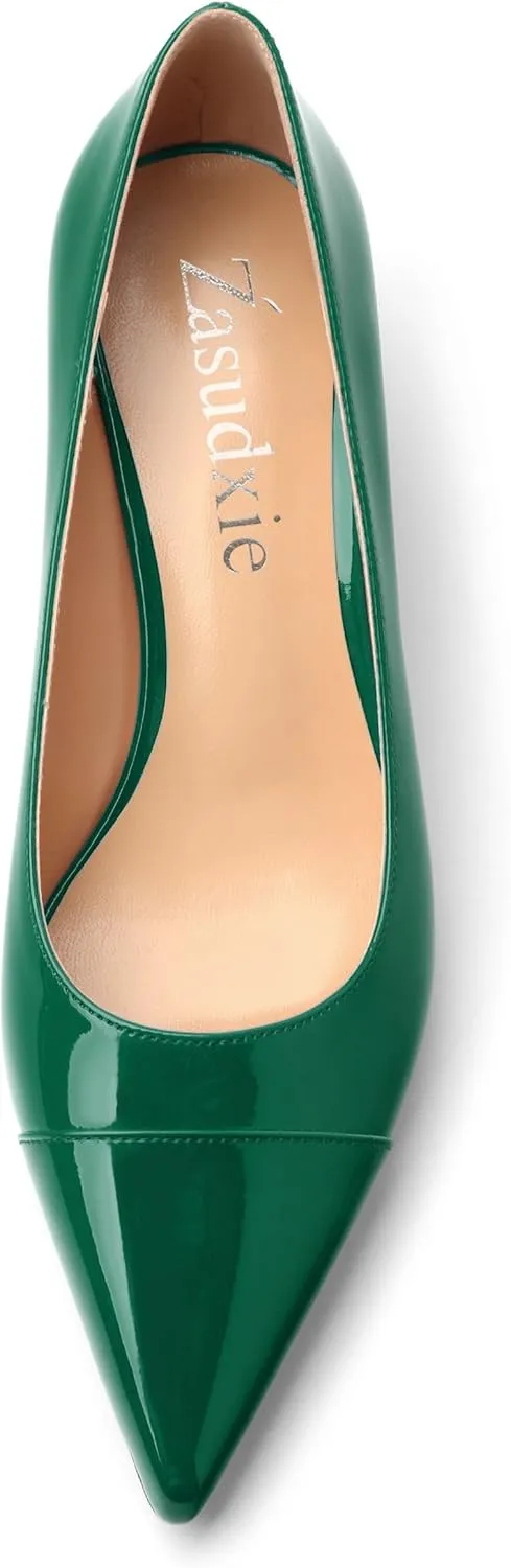 Womens Low Kitten Heels Pumps Pointed Toe Slip On Patent Leather Dressy Shoes 2 Inch