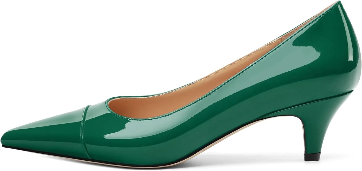 Womens Low Kitten Heels Pumps Pointed Toe Slip On Patent Leather Dressy Shoes 2 Inch