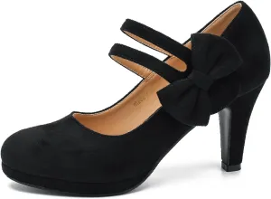 Women's Mary Jane Bow Heels Pumps Round Closed Toe Kitten Heel Double Ankle Strap Wedding Office Work Dress Shoes