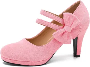 Women's Mary Jane Bow Heels Pumps Round Closed Toe Kitten Heel Double Ankle Strap Wedding Office Work Dress Shoes
