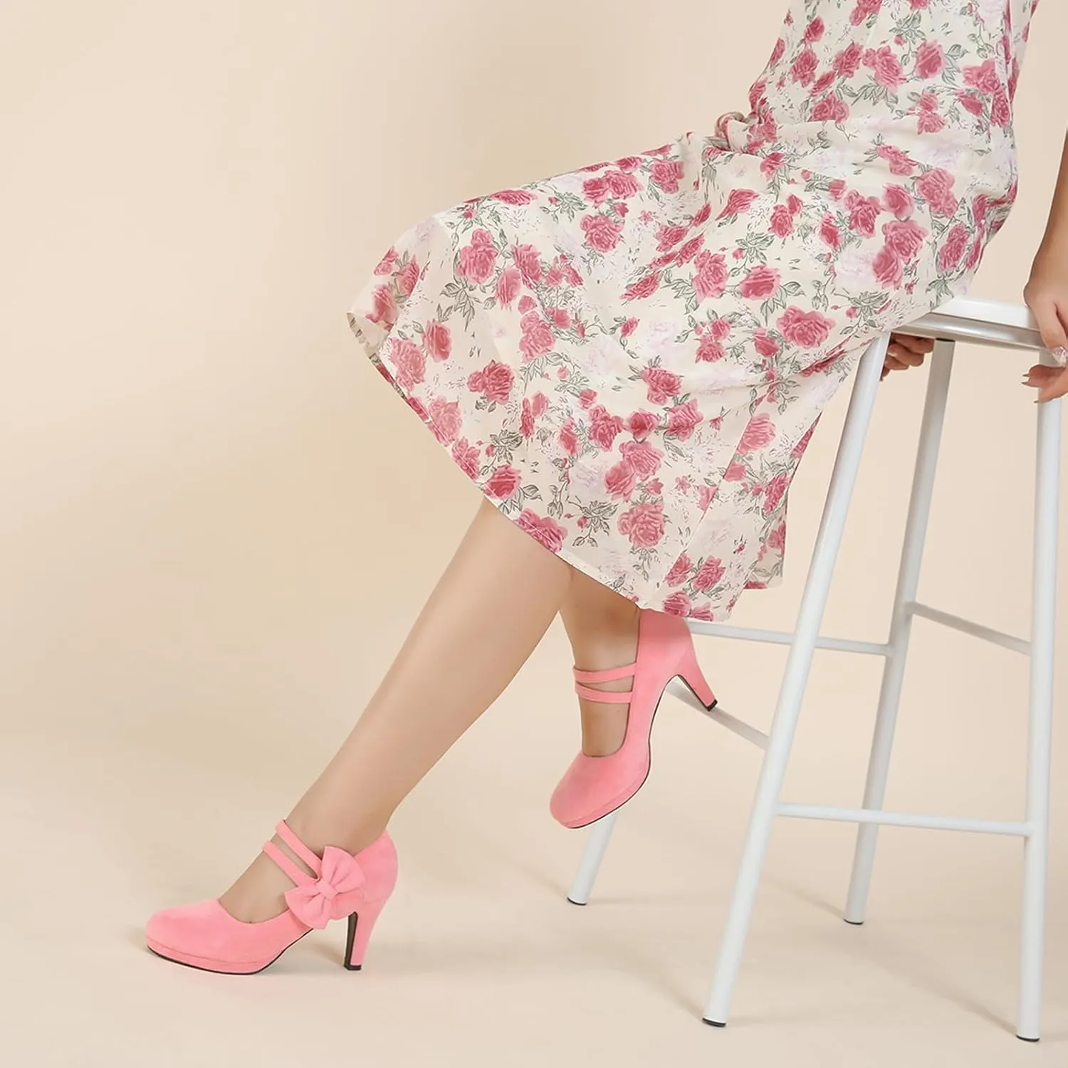 Women's Mary Jane Bow Heels Pumps Round Closed Toe Kitten Heel Double Ankle Strap Wedding Office Work Dress Shoes