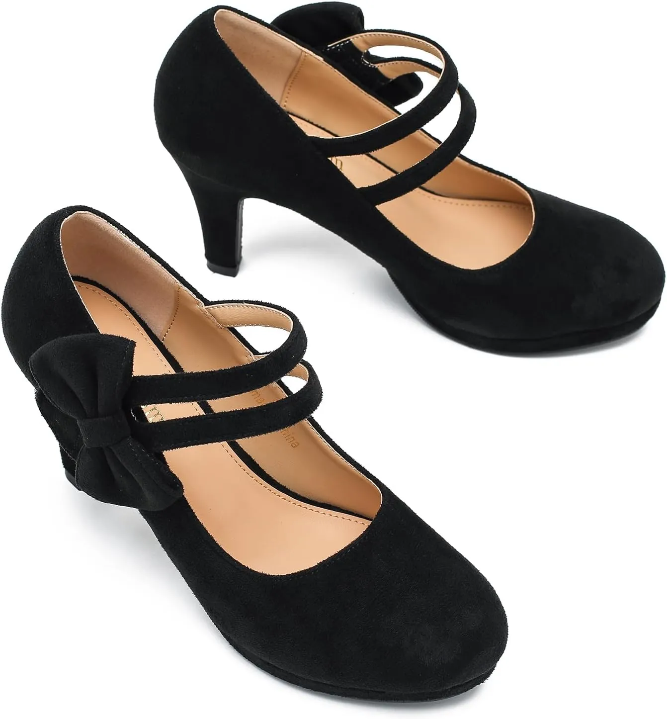 Women's Mary Jane Bow Heels Pumps Round Closed Toe Kitten Heel Double Ankle Strap Wedding Office Work Dress Shoes