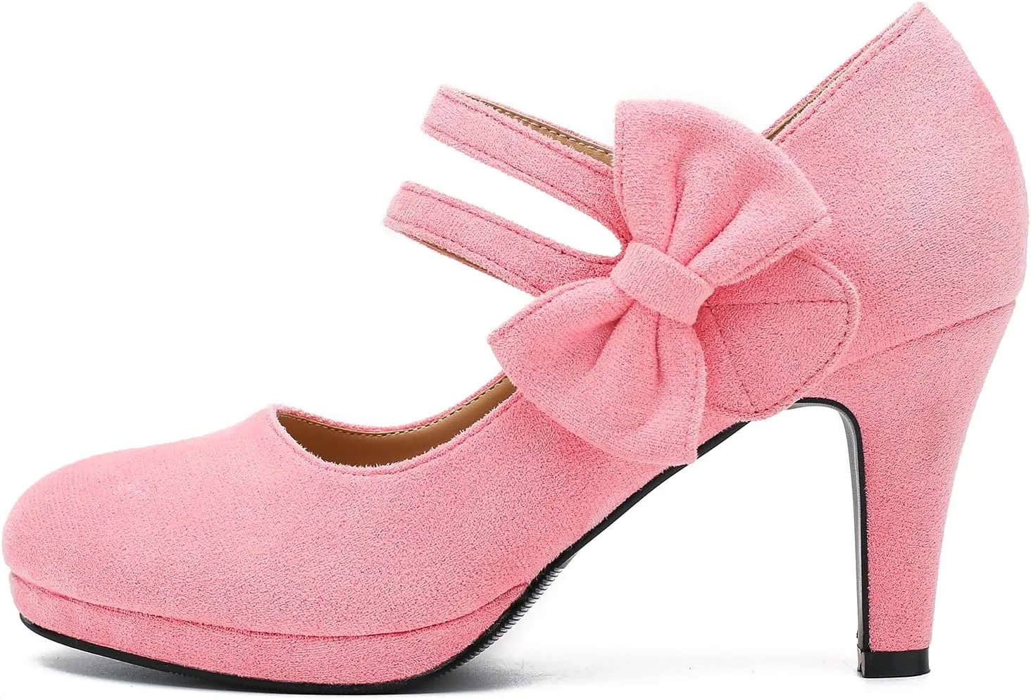 Women's Mary Jane Bow Heels Pumps Round Closed Toe Kitten Heel Double Ankle Strap Wedding Office Work Dress Shoes