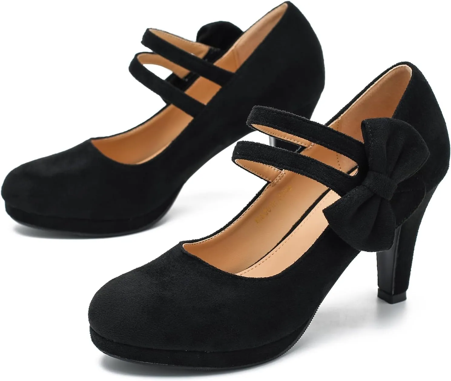 Women's Mary Jane Bow Heels Pumps Round Closed Toe Kitten Heel Double Ankle Strap Wedding Office Work Dress Shoes