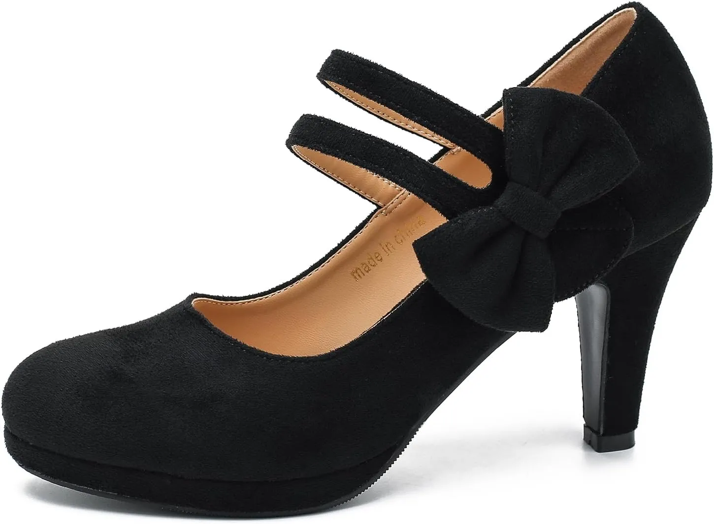 Women's Mary Jane Bow Heels Pumps Round Closed Toe Kitten Heel Double Ankle Strap Wedding Office Work Dress Shoes