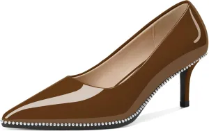 Women's Mid Stiletto Heels Low Kitten Heels Closed Pointey Toe Pumps Slip-on Sliver Beads Pumps Ladies Work Office Dress Shoes 2.5 Inches