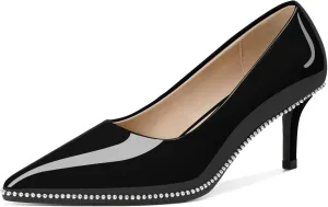 Women's Mid Stiletto Heels Low Kitten Heels Closed Pointey Toe Pumps Slip-on Sliver Beads Pumps Ladies Work Office Dress Shoes 2.5 Inches