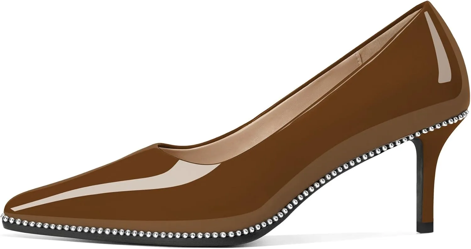 Women's Mid Stiletto Heels Low Kitten Heels Closed Pointey Toe Pumps Slip-on Sliver Beads Pumps Ladies Work Office Dress Shoes 2.5 Inches