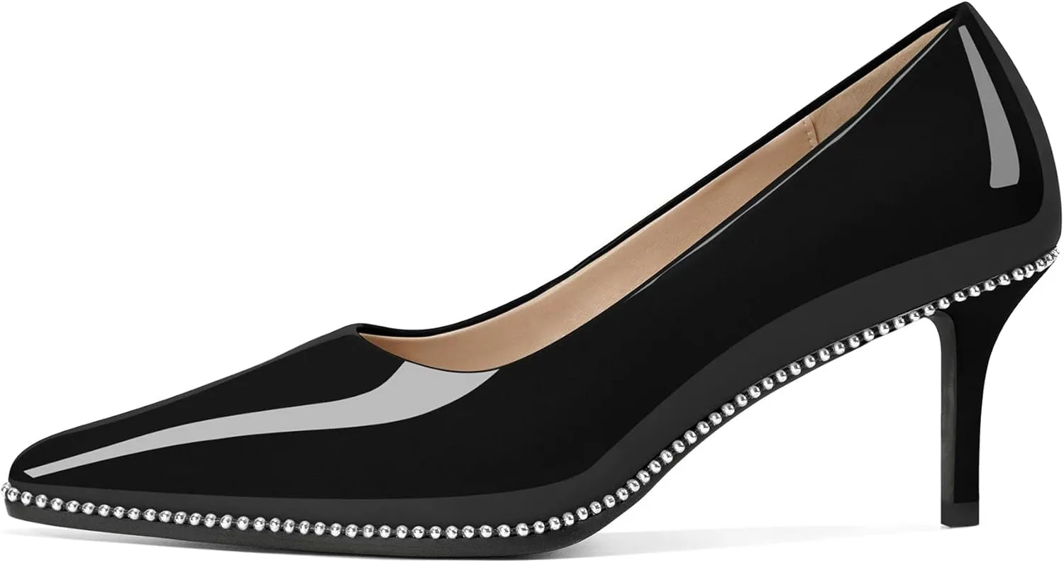Women's Mid Stiletto Heels Low Kitten Heels Closed Pointey Toe Pumps Slip-on Sliver Beads Pumps Ladies Work Office Dress Shoes 2.5 Inches