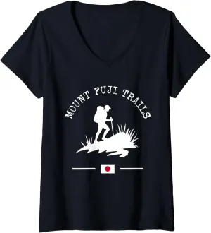 Womens Mount Fuji Trails Hiker Japanese Volcano Trekking Japan V-Neck T-Shirt
