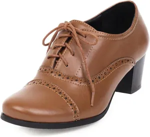 Women's Oxfords Wingtip Lace Up Chunky High Heels Pumps Square Closed Toe Vintage Brogue Dress Shoes