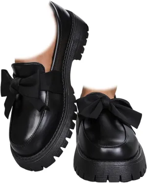 Women's Patent Leather Loafers Platform Bow Loafers Vintage Chunky Heel Oxford Shoes Heeled Gothic Lolita Oxfords