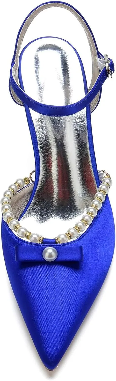 Women's Pearl Kitten Heeled Wedding Shoes for Bride Pointed Closed Toe Pumps Satin Slingback Bridal Party Dress Shoes