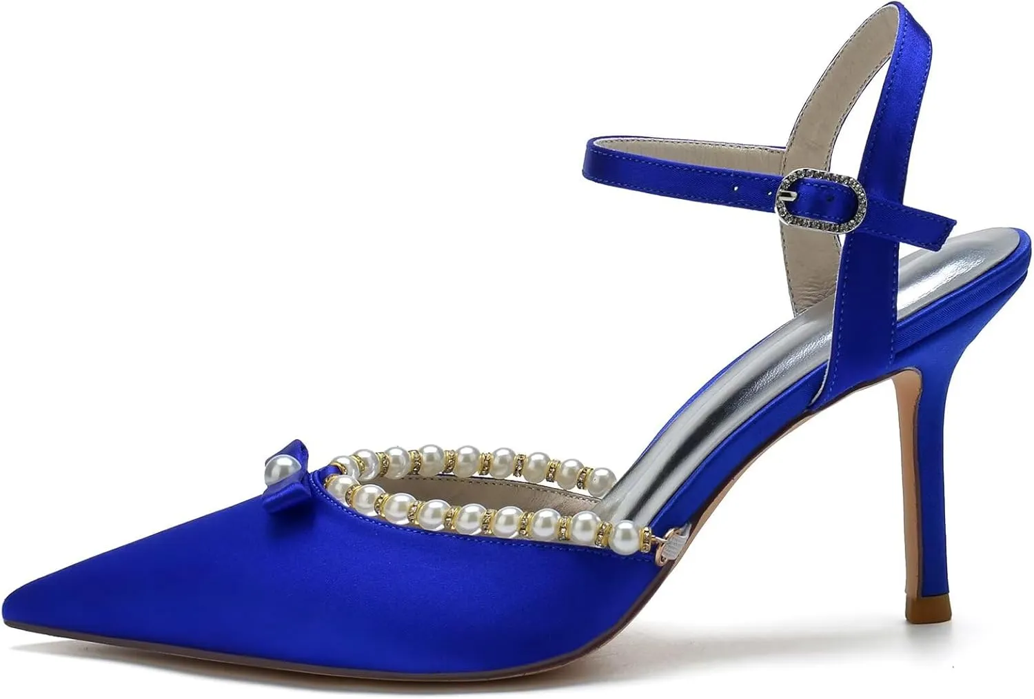 Women's Pearl Kitten Heeled Wedding Shoes for Bride Pointed Closed Toe Pumps Satin Slingback Bridal Party Dress Shoes