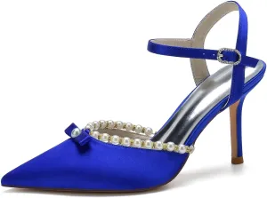 Women's Pearl Kitten Heeled Wedding Shoes for Bride Pointed Closed Toe Pumps Satin Slingback Bridal Party Dress Shoes