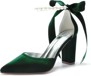 Women's Pearl White Wedding Shoes for Bride High Heels Pointed Toe Bridal Shoes Satin Block Heels Prom Party Dress Pumps Sandals
