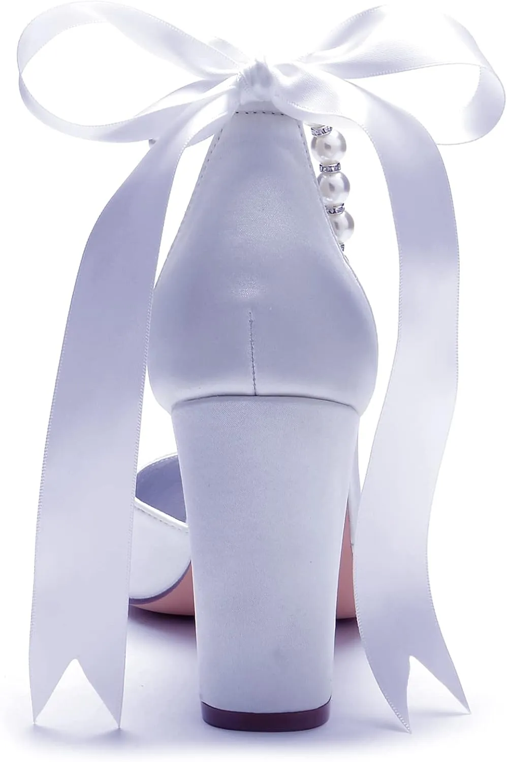 Women's Pearl White Wedding Shoes for Bride High Heels Pointed Toe Bridal Shoes Satin Block Heels Prom Party Dress Pumps Sandals