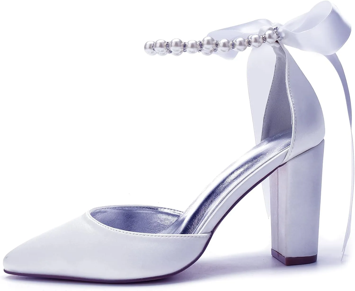 Women's Pearl White Wedding Shoes for Bride High Heels Pointed Toe Bridal Shoes Satin Block Heels Prom Party Dress Pumps Sandals