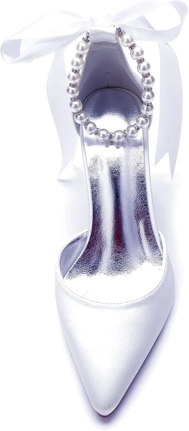 Women's Pearl White Wedding Shoes for Bride High Heels Pointed Toe Bridal Shoes Satin Block Heels Prom Party Dress Pumps Sandals