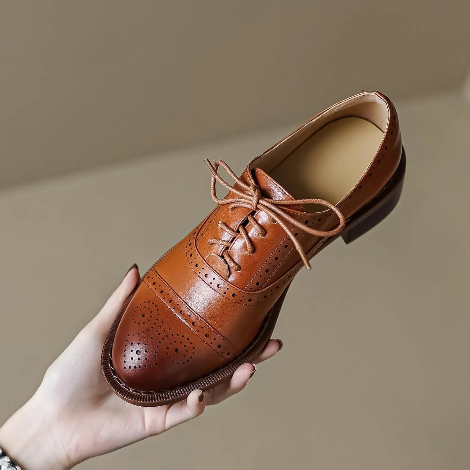 Women's Perforated Classic Lace-up Oxfords Brogue Wingtip Round Toe Derby Saddle Leather Shoes for Women Girls Lady Wife