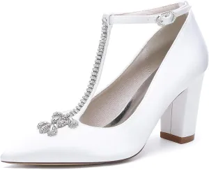 Women's Pointed Toe High Heels Chunky Sandals with T-Strap with Buckle Rhinestones Pumps Wedding Shoes Party Prom Dress Shoes