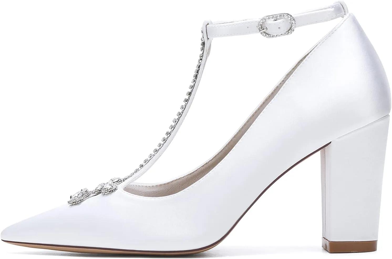 Women's Pointed Toe High Heels Chunky Sandals with T-Strap with Buckle Rhinestones Pumps Wedding Shoes Party Prom Dress Shoes