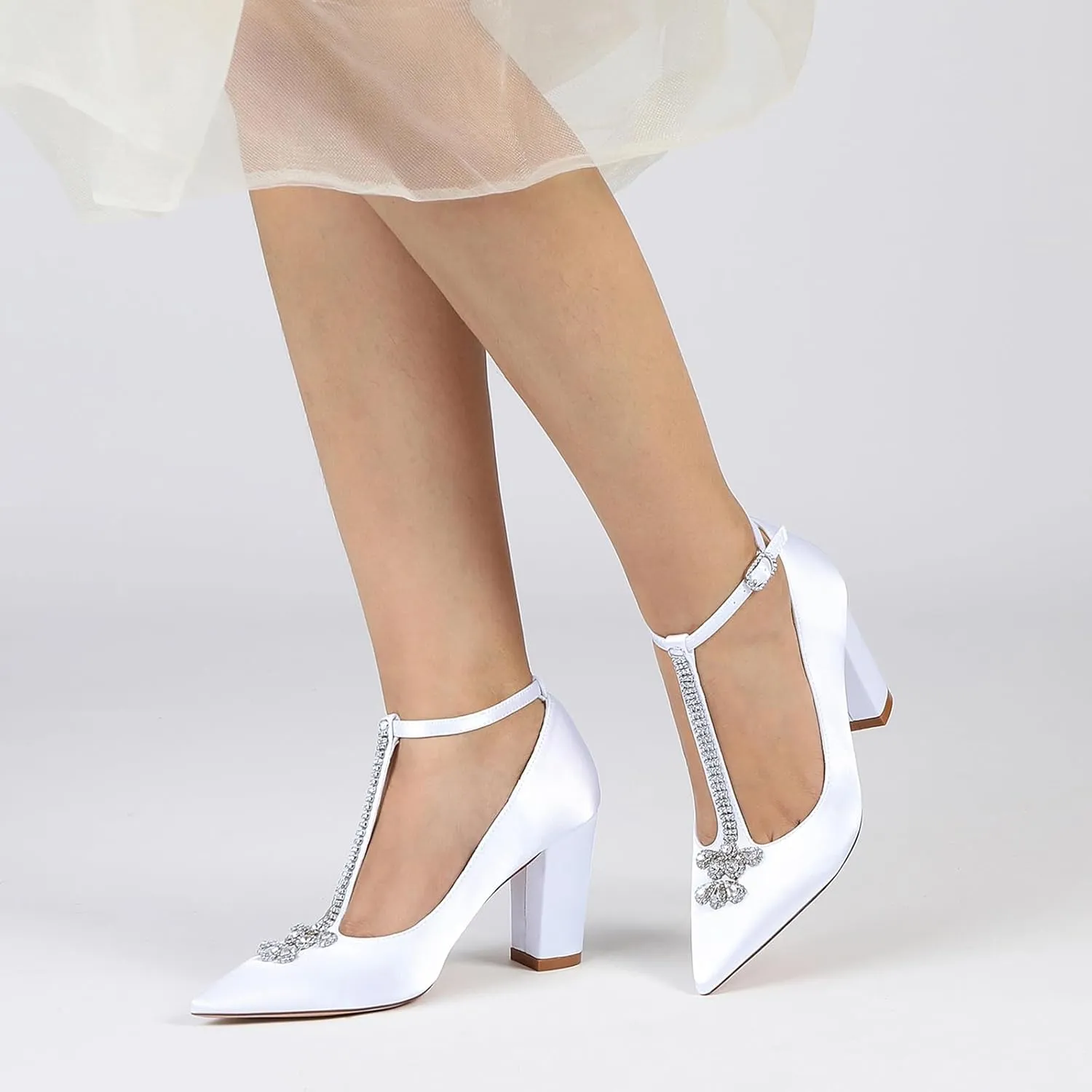 Women's Pointed Toe High Heels Chunky Sandals with T-Strap with Buckle Rhinestones Pumps Wedding Shoes Party Prom Dress Shoes